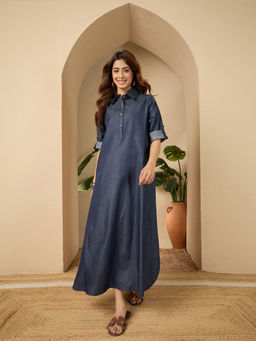 InWeave - Blue Denim Shirt Collar Maxi Dress