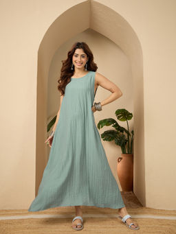 InWeave - Sea Blue Round Neck Maxi Dress