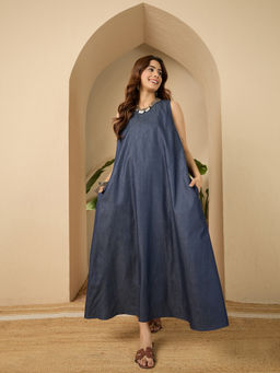 InWeave - Blue Denim Round Neck Maxi Dress