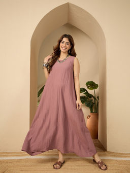InWeave - Rose Pink Round Neck Maxi Dress