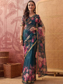 Nyri - Teal Printed Kota Doria Saree