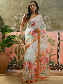 Nyri - White Printed Kota Doria Saree