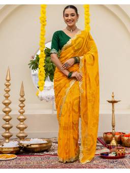 Nyri - Yellow Bandhani Printed Chiffon Saree