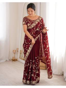 Nyri - Maroon Embroidery and Sequins Work Tissue Silk Saree