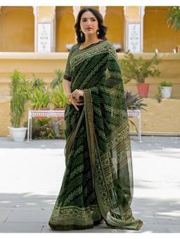 Nyri - Green Bandhani Printed Georgette Saree