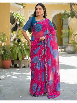 Nyri - Pink Bandhani Printed Georgette Saree