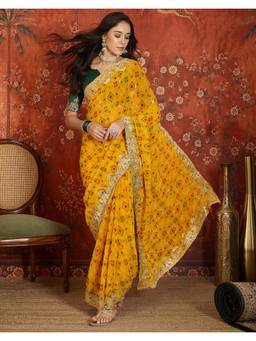 Nyri - Yellow Bandhani Printed Georgette Saree