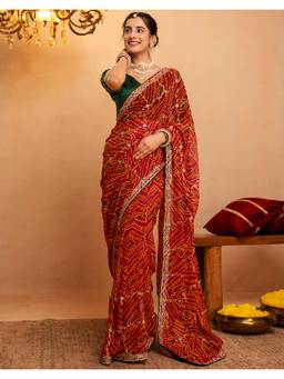 Nyri - Red Bandhani Printed Georgette Saree