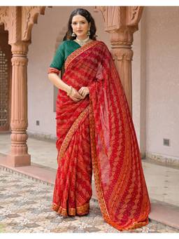 Nyri - Red Bandhani Printed Georgette Saree