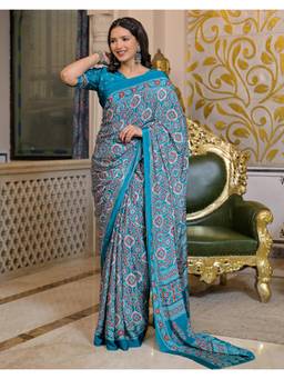 Nyri - Blue Ajrakh Printed Crepe Saree