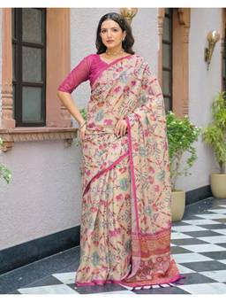 Nyri - Beige Ikkat Printed Linen Saree