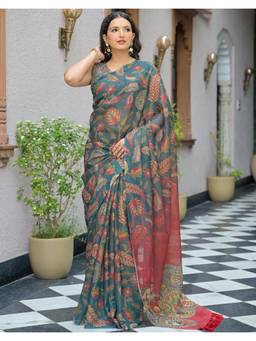 Nyri - Teal Printed Linen Saree