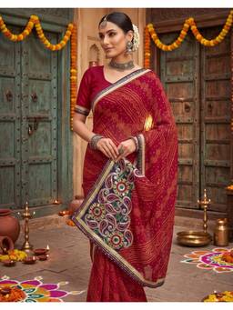 Nyri - Red Bandhani Embroidered Georgette Saree