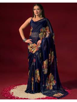 Nyri - Navy Blue Floral Printed Chiffon Saree