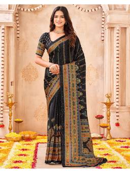 Nyri - Black Mirror Work Printed Chiffon Saree