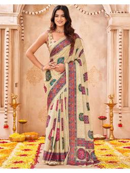 Nyri - Cream Printed Chiffon Saree