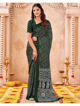 Nyri - Dark Green Bandhani Printed Chiffon Saree