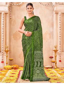 Nyri - Green Bandhani Printed Chiffon Saree