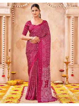 Nyri - Pink Bandhani Printed Chiffon Saree