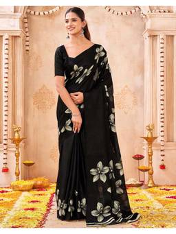 Nyri - Black Floral Printed Khadi Saree