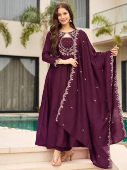 Gahan - Wine Anarkali Kurta with Pant & Dupatta