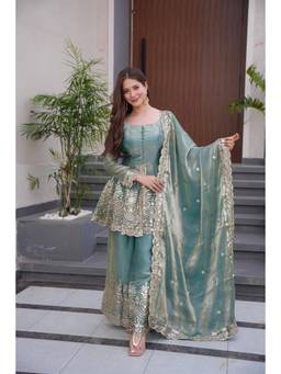 Gahan - Silk Blue Kurti with Palazzo & Dupatta