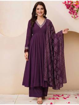 Gahan - Roaman Silk Wine Anarkali Kurta with Palazzo & Dupatta