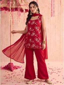 Gahan - Georgette Red Short Kurti with Palazzo & Dupatta