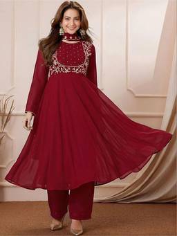 Gahan - Georgette Dark Maroon Anarkali Kurta with Pant & Dupatta