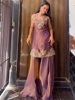 Gahan - Silk Purple Kurti with Palazzo & Dupatta