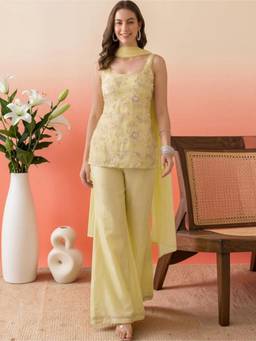 Gahan - Georgette Yellow Short Kurti Pant & Dupatta