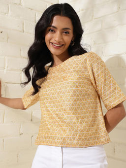 Fabindia - Yellow Cotton Silk Hand Block Printed Regular Top
