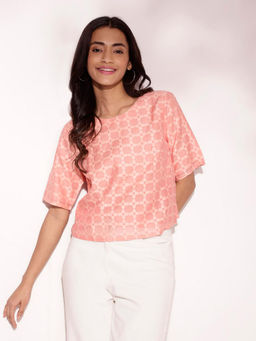 Fabindia - Peach Cotton Silk Blend Embroidered Regular Top