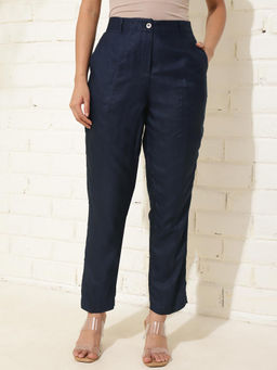 Fabindia - Navy Viscose Silk Woven Slim Fit Casual Pant