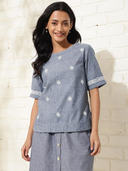 Fabindia - Blue Cotton Chikankari Embroidered Top