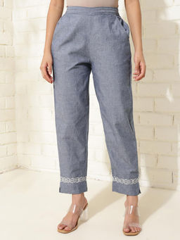 Fabindia - Blue Cotton Chikankari Embroidered Tapered Casual Pant