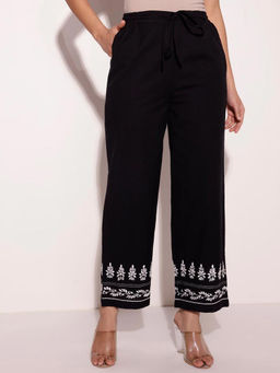 Fabindia - Black Cotton Chikankari Embroidered Regular Casual Pant