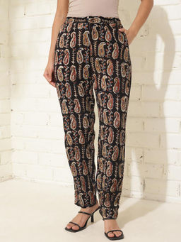 Fabindia - Black Viscose Kalamkari Printed Tapered Casual Pant