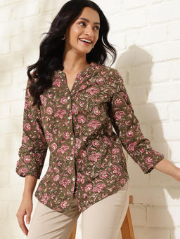 Fabindia - Brown Cotton Hand Block Printed Shirt