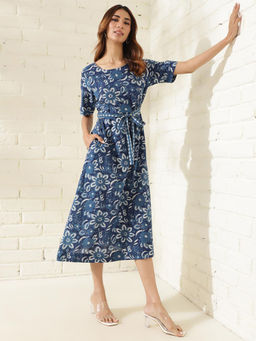 Fabindia - Indigo Cotton Floral Midi Dress with Belt (Set of 2)