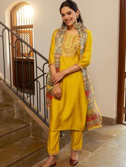 FASHOR - Solid Resham Kurta with Pants & Dupatta - Yellow (Set of 3)