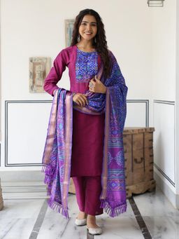 FASHOR - Printed Kurta With Pant & Dupatta - Purple (Set of 3)