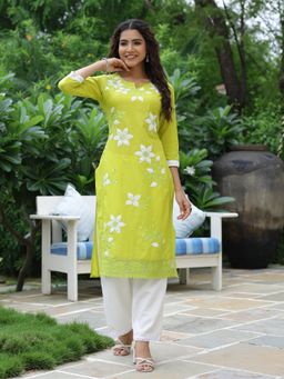 FASHOR - Floral Mirror Work Embroidered Lime Green Kurta