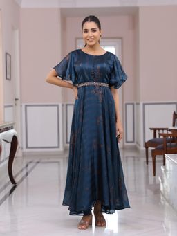 FASHOR - Teal Floral Printed Maxi Dress with Belt (Set of 2)