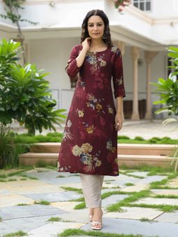 FASHOR - Bold Floral Printed Straight Fit Kurta - Maroon
