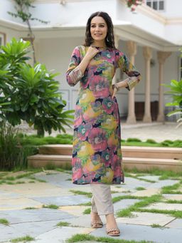 FASHOR - Floral Printed Zari & Sequins Embroidered Kurta- Multi