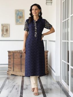 FASHOR - Dobby Striped Resham Embroidered Kurta- Navy Blue