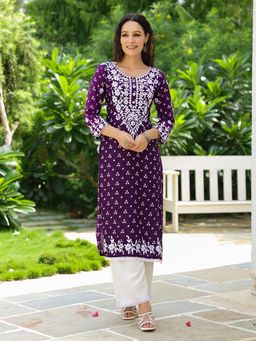 FASHOR - Printed & Chikankari Embroidered Kurta- Deep Purple