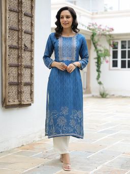 FASHOR - Abstract and Floral Printed Embellished Kurta - Blue
