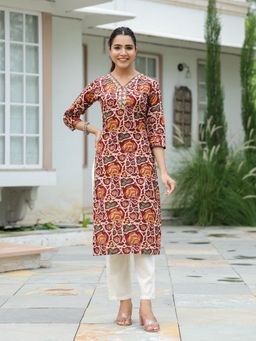 FASHOR - Abstract Printed Embroidered Kurta - Maroon and Multi